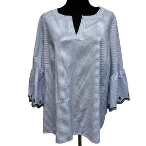 Rafaella Cotton Top‎ Size 1X Embroidered Nautical Stipe French Blue Cottagecore
